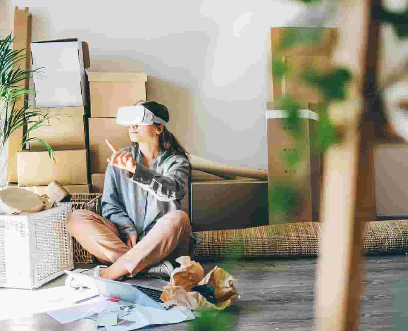 Young Woman Exploring Home in VR